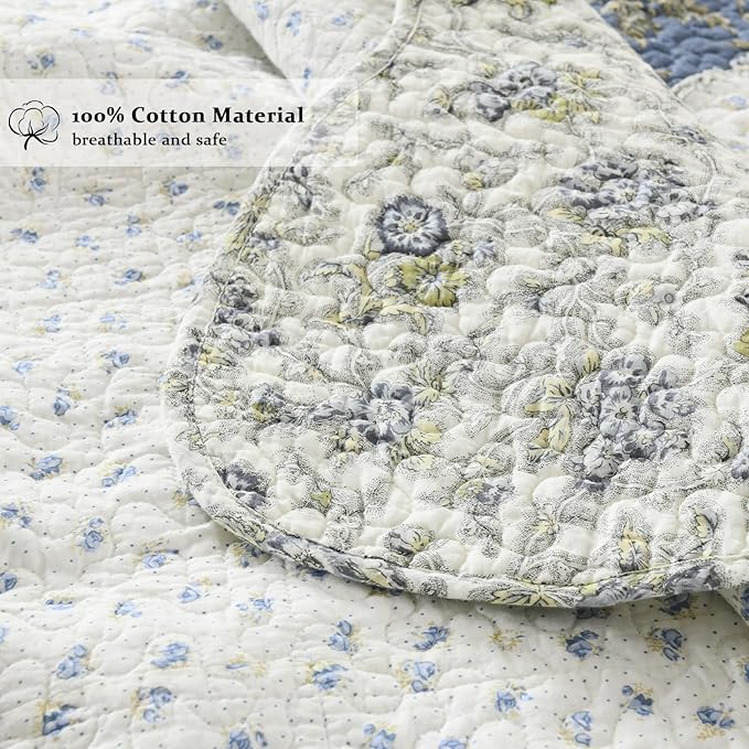 Yvooxny Quilt Set Queen Size Reversible Country Farmhouse Floral Real Patchwork Quilted Bedspread 3-Piece Quilt Set with Pillowcases with Ruffles for All Seasons, 90 x 98 Inches