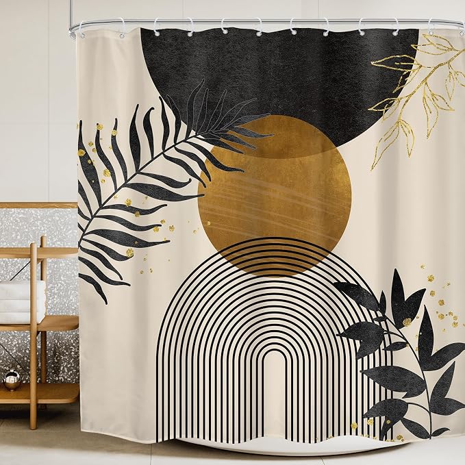 Black Boho Shower Curtain 72Wx72H Mid Century Gold Leaves Modern Bohemian Abstract Bathroom Decor Plant Botanical Minimalist Geometric Bath Curtain Fabric Polyester 12 Pack Hooks
