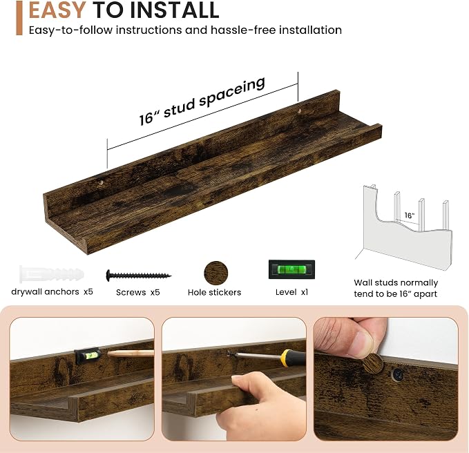 Dreamland Picture Ledge Shelf for Wall, Floating Shelves Set of 2,24 inch Long Floating Shelves with Lip for Living Room,Bedroom,Bathroom,Kitchen,Rustic Brown