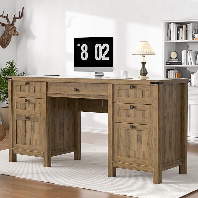 Executive Desk, Modern Farmhouse Computer Desk with Drawers & Cabinet, Home Office Desk for Work Study Writing Workspace (Light Brown, 62")