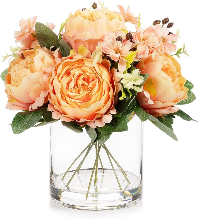 ENOVA FLORAL Artificial Flower Arrangement with Vase,Mixed Artificial Fake Silk Peony Flower in Vase for Decoration Home Office, Wedding Centerpiece (Orange01)