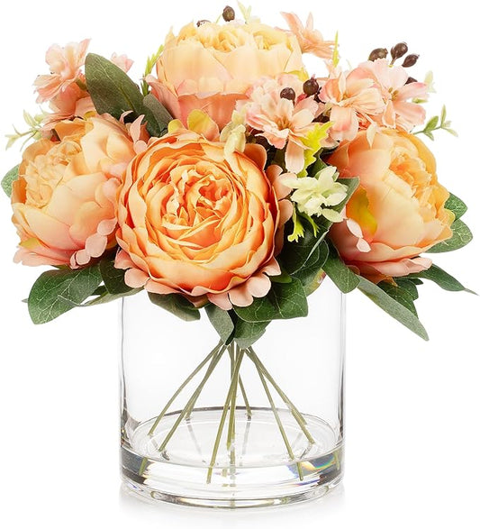ENOVA FLORAL Artificial Flower Arrangement with Vase,Mixed Artificial Fake Silk Peony Flower in Vase for Decoration Home Office, Wedding Centerpiece (Orange01)