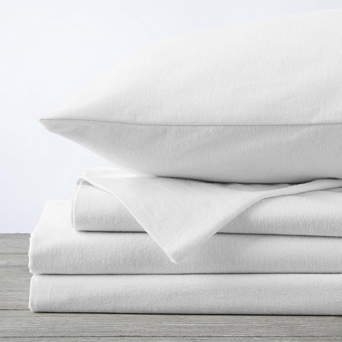 Market & Place 100% Cotton Full Flannel Sheet Set | 4 Piece Deep Pocket Solid Cozy Winter Bed Sheets | Double Brushed for Extra Softness & Comfort | Chalet Collection (Full, White)