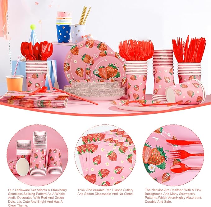350 PCS Strawberry Party Decor Supplies, Disposable Pink Paper Plates Napkins Knives Forks Cups Dinnerware Set, Sweet Tableware Kit for Baby Shower Girl Birthday Party Christmas Decor, Serves 50