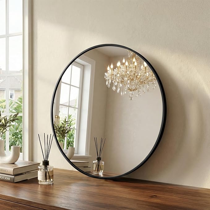 20 Inch Black Round Bathroom Wall Mirror, Round Mirrors for Wall Decor, Circle Mirror for with HD Shatter-Proof Glass for Entryway, Living Room, Bedroom, Dressing Room, Home Decor