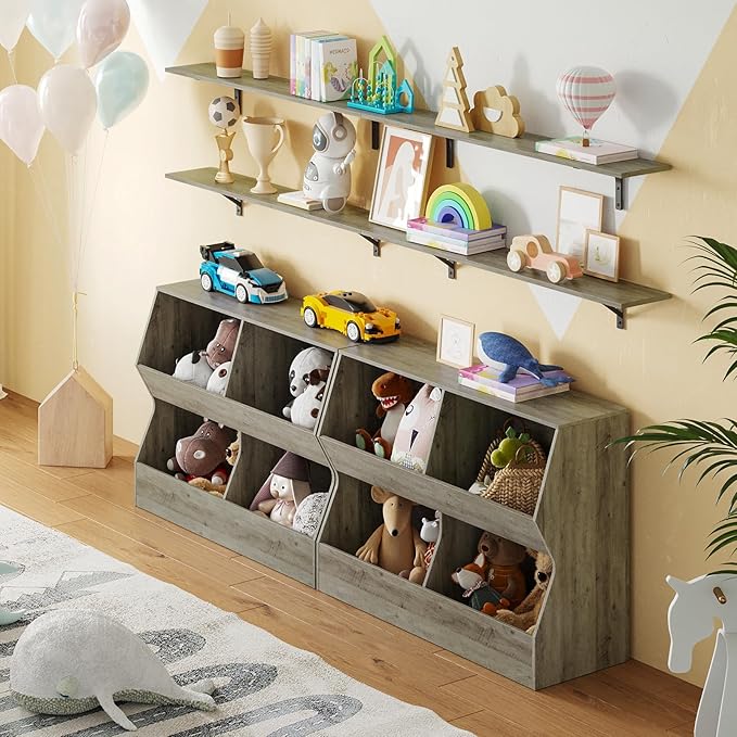 DINZI LVJ Kids Bookshelf, Toy Storage Organizer, Wooden Toy Storage Cabinet, 4 Cubby Children Bookcase, 43.3" L Toddler Book Shelf for Bedroom, Nursery, Hallway, School, Gray Wash