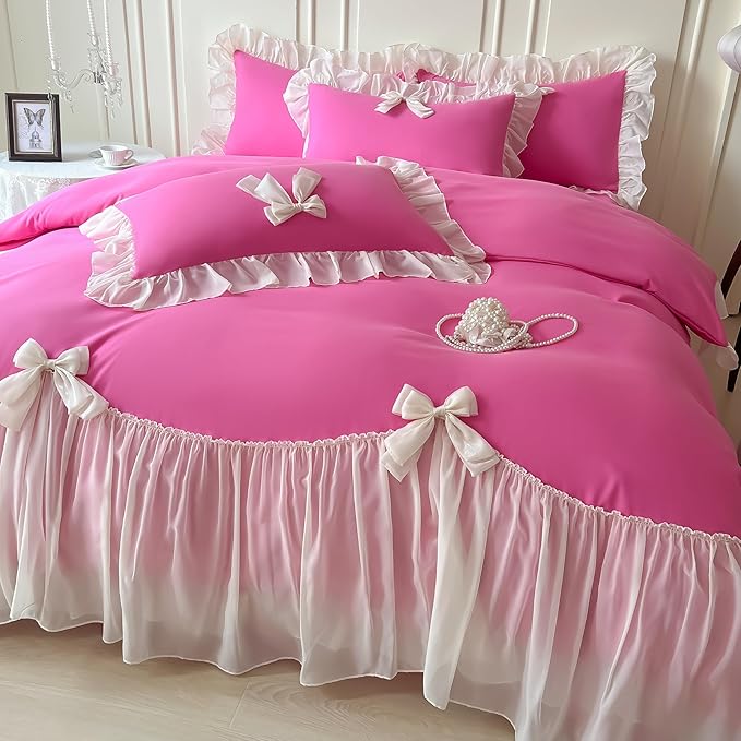 Girls Lace Bedding,Queen Comforter Cover Set, Chic Ruffled Duvet Cover with Lovely Bow,Princess Style 1 Duvet Cover with 2 Pillowcases, No Comforter-Hot Pink,Full Size