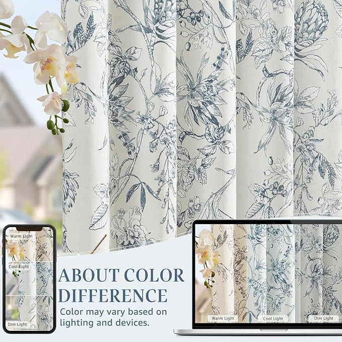 jinchan Floral Curtains 63 Inch Length Blue Flower Linen Farmhouse Curtain for Living Room French Country Vintage Curtain Rod Pocket Curtains Set 2 Panels Blue Floral Printed