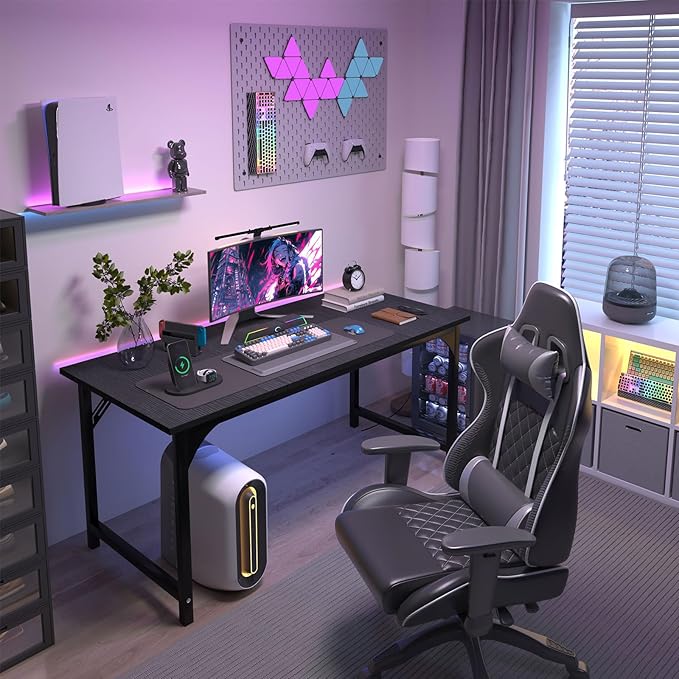 Computer Desk, 55 Inch Home Office Desks, Office Desk for Gaming Writing Study Work, Study Table with Large Legroom, Computer Desk with Metal Frame, Modern Simple Home Office Desk for Bedroom