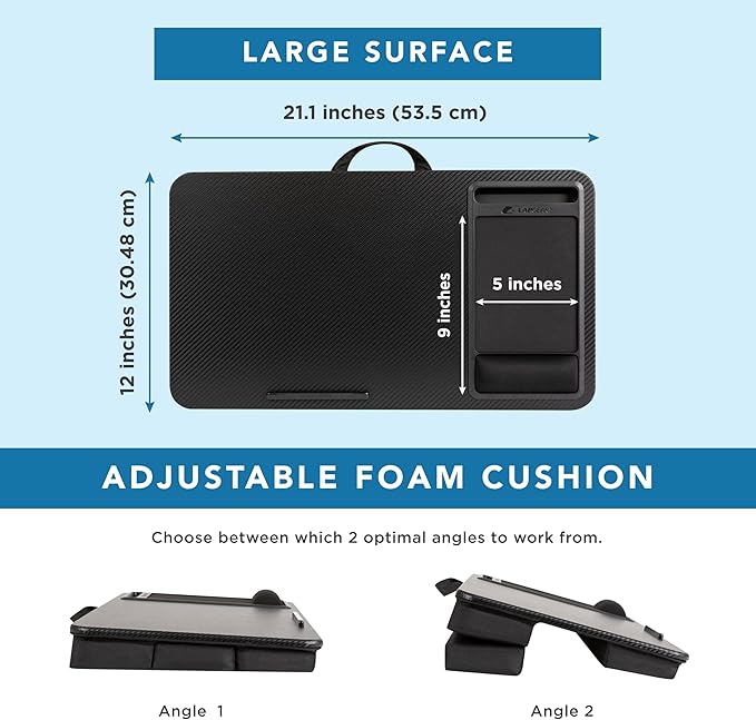 LAPGEAR Large Adjustable Lap Desk – Fits Laptops up to 15.6”, Adjustable Cushion, Memory Foam Wrist Rest, Mouse Pad, Device Ledge, & Phone Slot - Black Carbon - Style No. 88008
