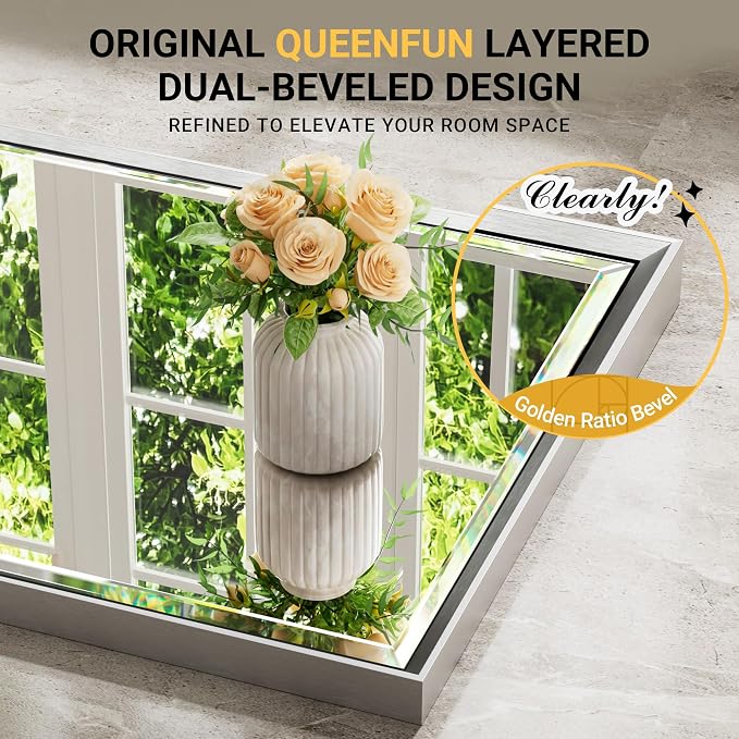 Silver Bathroom Mirror, 16''x 24'' Beveled Bathroom Mirror for Wall, Rustproof Rectangle Silver Framed Mirror for Bathroom Vanity, Vertical/Horizontal Easy Installation