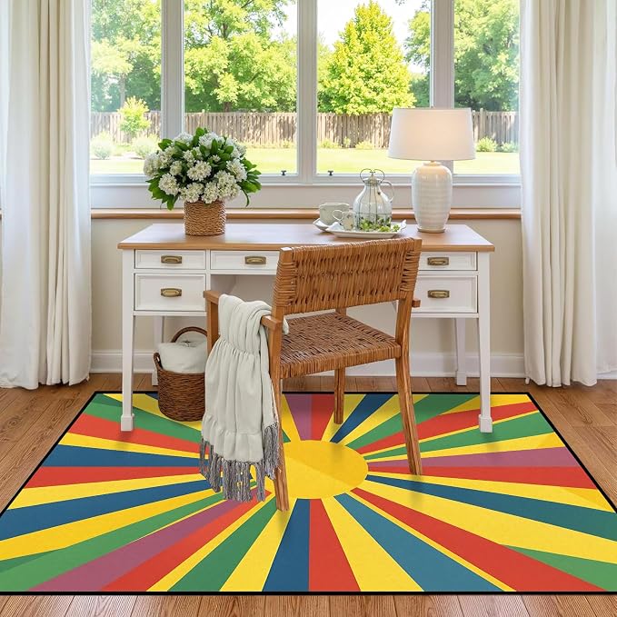 Rainbow Sunburst Area Rug Colorful Geometric Sun Carpet Soft Non-Slip Washable Floor Mat for Entryway Bedroom Living Room Nursery Playroom Classroom Home Decor,2'x3'