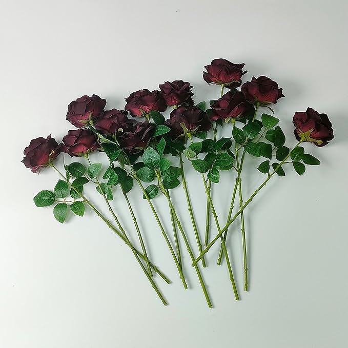 ATFL Burgundy Roses,12 Pcs Burgundy Artificial Flowers,Flower Diameter 4'',Autumn Silk Floral Fake Roses with Stems for Wedding Arrangement Centerpieces Party Home Table Decorations