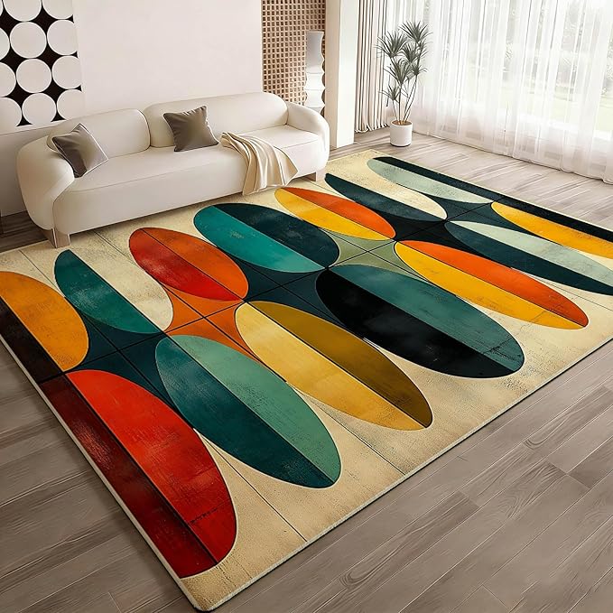 7x11 Geometric Rug, Mid Century Modern Rug for Living Room, Colorful Geometric Rugs, Mid Century Rugs, Abstract Carpet, Non-Slip Washable Carpet, Abstract Bedroom Kitchen