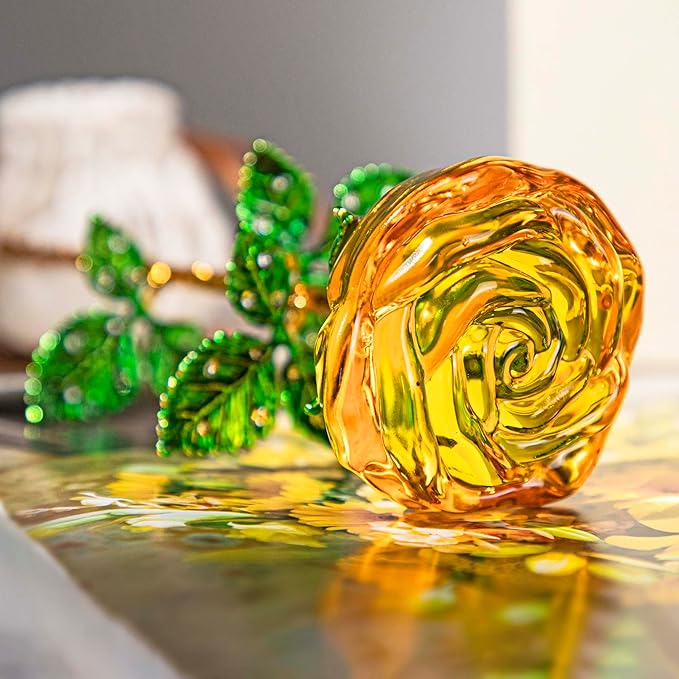 HDCRYSTALGIFTS 9.5'' Crystal Rose Flower Glass Purple and Yellow Flowers with Green Leaves for Wedding Anniversary/Wife, Romantic Forever Gifts for Her (Pack of 2)