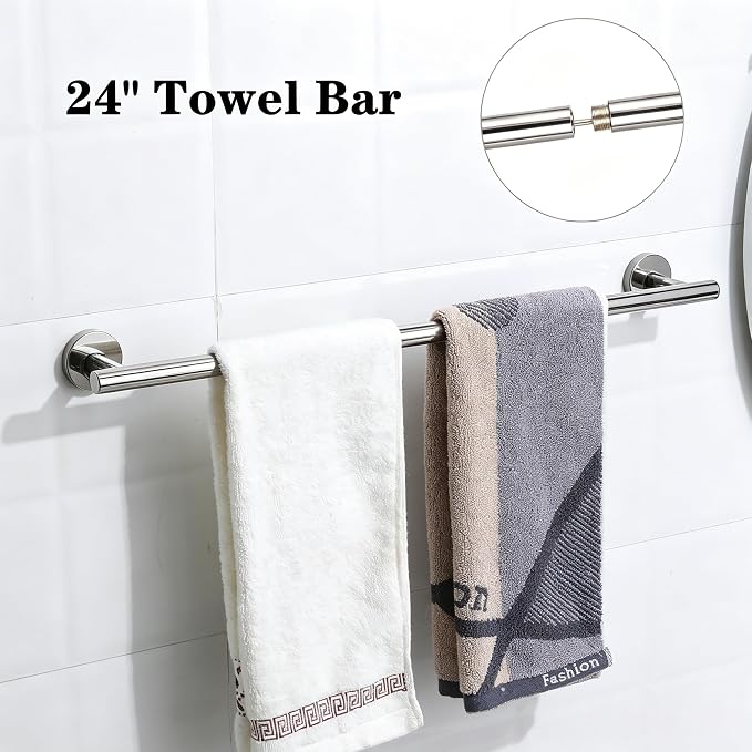 Polished Chrome Bathroom Hardware Accessories Set 5 Piece, Stainless Steel Bath Towel Bar Set 24 Inch,Toilet Paper Holder,Towel Ring Holder,Towel Rack Set,Gold Bathroom Accessories Kit Silver