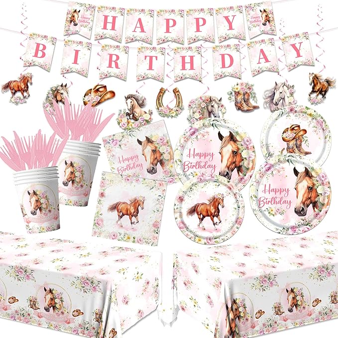 Horse Birthday Decorations Tableware,171PCS Cowgirl Floral Themed Birthday Tea Party Supplies,Flower paper plates,Horse napkins,Forks,Horse Table Cloth,for Girls Rodeo,Bachelorette Fairy Parties