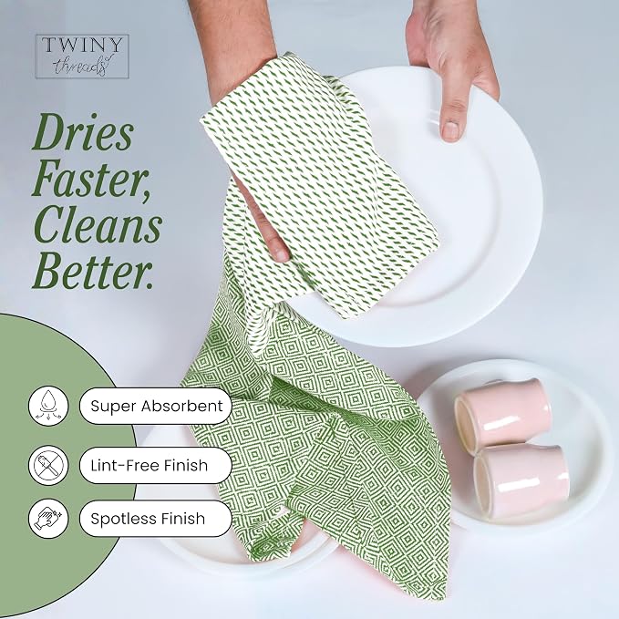 TWINY threads Kitchen Dish Towel Diamond Weave, Premium Large 100% Cotton Kitchen Linen Set, Dish Rags and Wash Rags, Absorbent Quick Drying, Washable Reusable, Pack of 4, 18 x 26 Inch, Mint Green