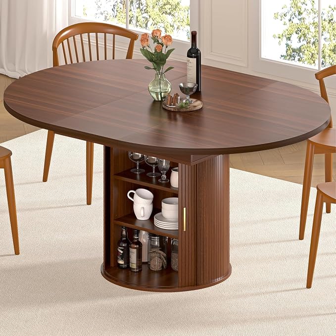 DHH 47"-63" Extendable Round Dining Table for 4–8 with Storage, Mid Century Modern Farmhouse Wood Oval Dinner Table with Pedestal Base for Kitchen, Living Room (Walnut)