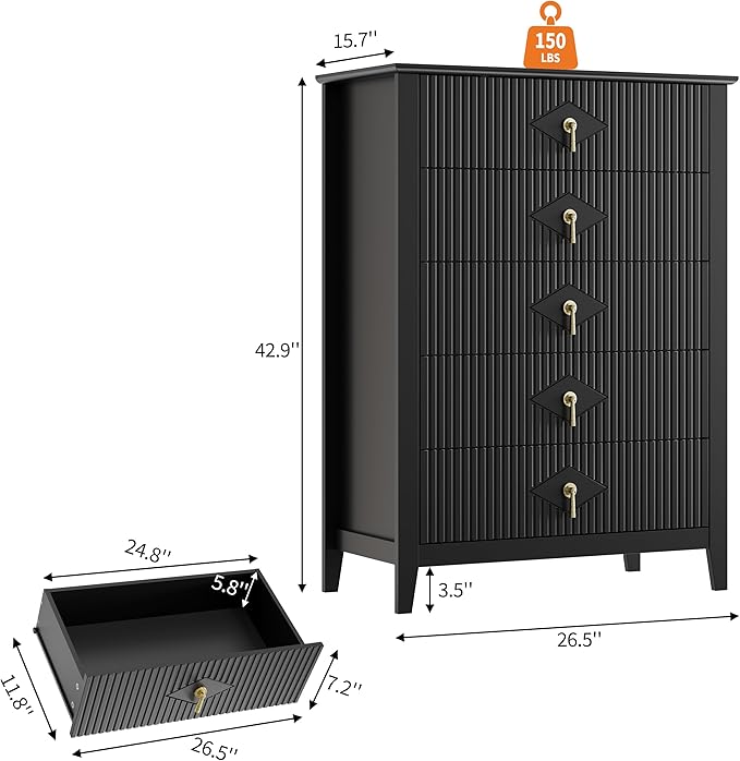 GarveeHome Fluted Dresser for Bedroom, 42.9" Tall 5-Drawer Wood Dresser, Modern Chest of Drawers, Storage Organizer Cabinet for Living Room, Hallway, Entryway, Black