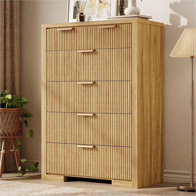 Fluted Dresser for Bedroom, 45" Tall Modern Chest of Drawers with 6 Drawers, Wood Closet Clothes Storage Organizer for Living Room, Wooden Dresser for Hallway, Natural Oak