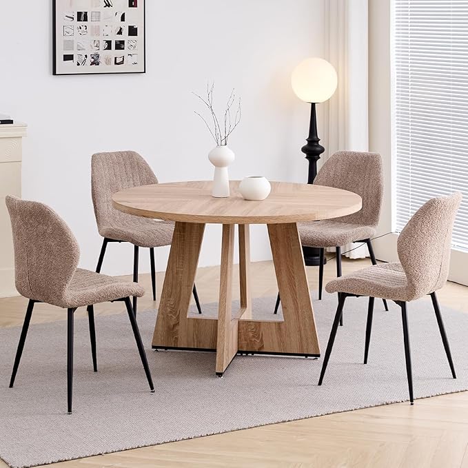 Round Dining Table Set for 4 with Chairs Kitchen Table and Chairs Set Dining Room Table Set Mid-Century Modern Chair with Metal Leg for Apartment Living Room(Natural Table With 4 Brown Chairs)