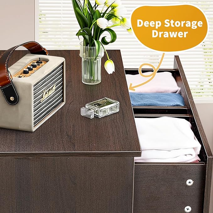 Karl home Brown 6 Drawer Dresser for Bedroom, Modern Wood Dresser Chest of Drawers, Bedroom Modern Nightstand, Anti-Tipping Device, Rose Gold Metal Handle, Living Room, Hallway, Office