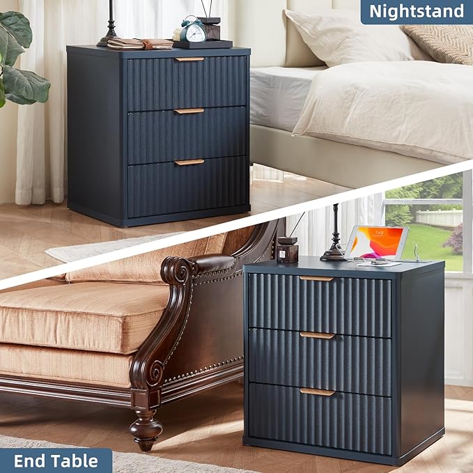 LEYAOYAO Fluted Nightstand with Charging Station, 23" Modern Night Stand with Woodgrain Top, 3 Drawers End Table w/Storage, Bedside Tables for Bedroom, Living Room, Curved Profile Design, Blue