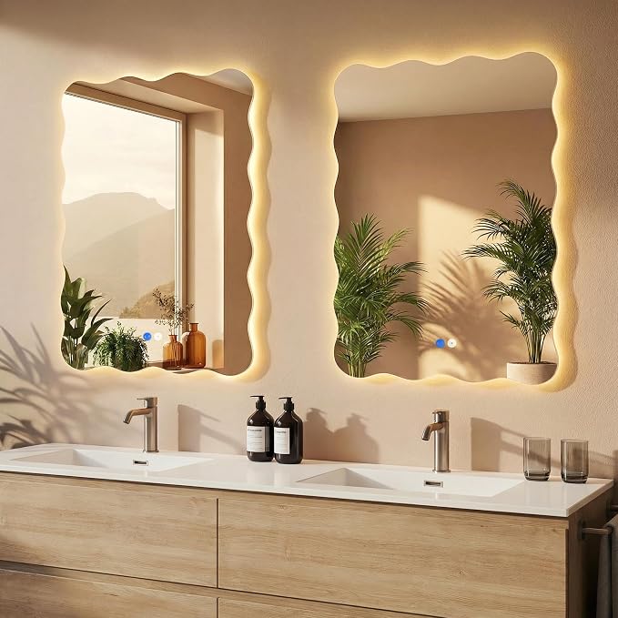 Wavy Led Bathroom Mirror- Vanity Mirror with Lights IP54 Enhanced Anti-Fog, 24"x36" Single Piece 3 Colors Dimmable, Memory,Tempered Glass,UL Listed