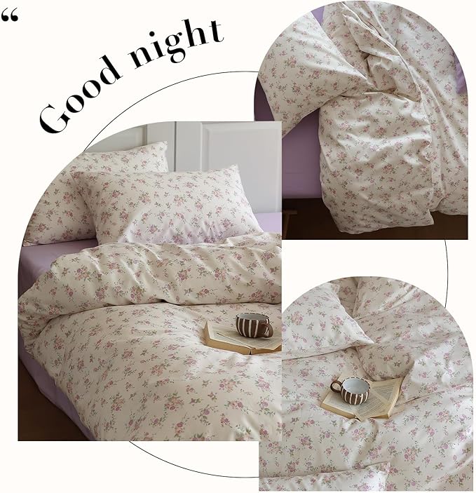 Vintage Style Pink Purple Floral Duvet Cover King 100% Cotton Chic Garden Floral Bedding Set Botanical Flower Comforter Cover with 2 Pillowcases Cottagecore Bedding Cover King with Zipper Closure