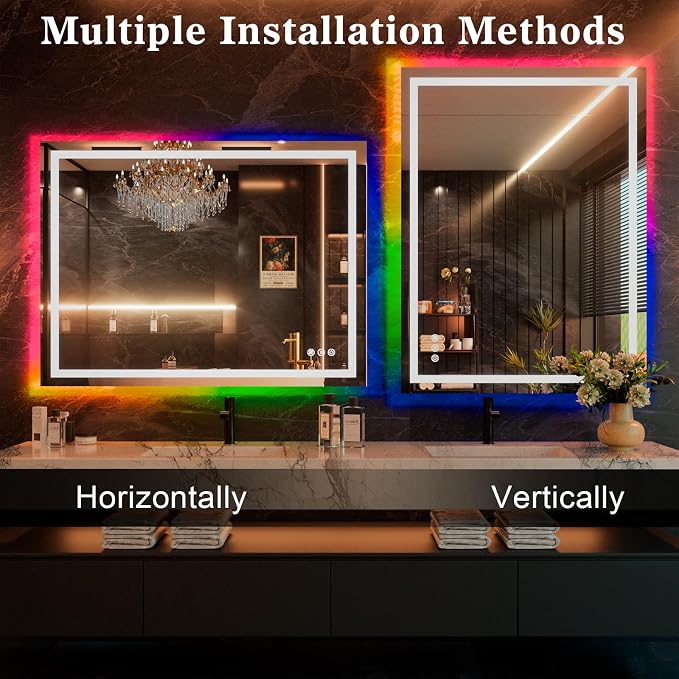 WTTY LED Bathroom Mirror 55"x36" with RGB Backlit and Front Light,Stepless Dimmable LED Mirror for Bathroom,Colored Lighted Bathroom Vanity Mirror,Anti-Fog,Memory Function,Shatter-Proof