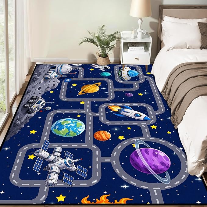 Outer Space Rug Astronaut Road Map Area Rug for Entryway Bedroom Living Room Nursery Kitchen Playroom Home Decor Washable Educational Floor Mat Galaxy Themed Carpet,3'x5'