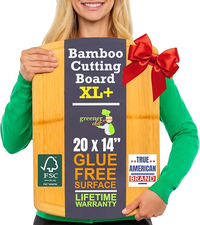 Greener Chef 20 Inch Bamboo Cutting Board Featuring Super-Sized Glue-Free Surface™ – Heavy Duty Butcher Block for Safe Meal Prep, Chopping & Carving with Lifetime Replacements
