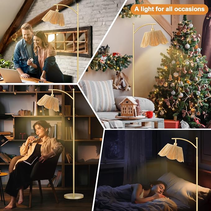 Ambimall 60" Floor Lamps for Living Room with 3 Color Temperatures, Gold Floor Lamp with Rattan Shade, Modern Tall Lamps for Bedroom Office, 9W LED Bulb Included