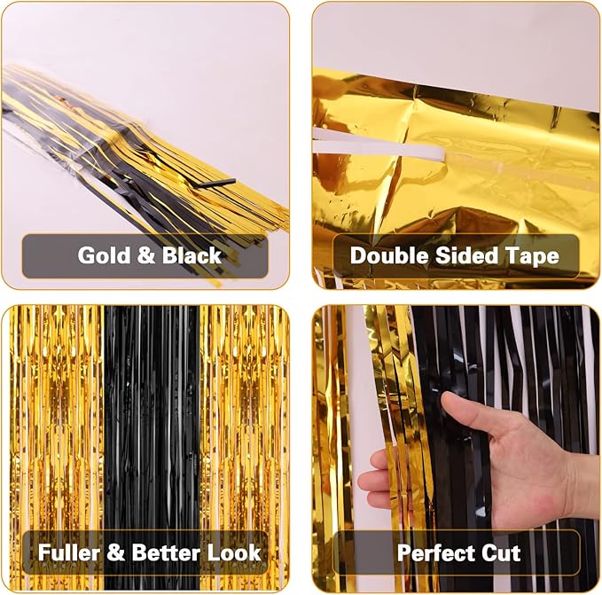 2 Pack 3.2x8.2 Feet Black and Gold Tinsel Backdrop Party Decorations, Foil Fringe Curtains Backdrop for Birthday Graduation Wedding Engagement Bridal