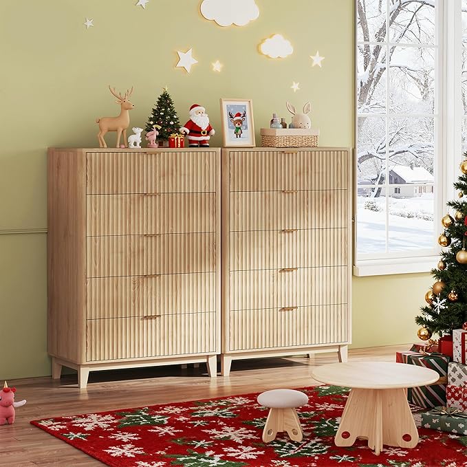 WLIVE Fluted Dresser for Bedroom with 5 Drawers, 46.26" Tall Wooden Dresser with Golden Metal Handles, Mid Century Modern Chest of Drawers for Living Room, Hallway, Closet, Natural Oak