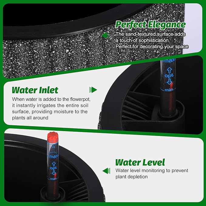 14.2" Tall Planters Set of 2, Plant Pots, Self Watering Pots for Indoor Plants, Flower Pots With Built-In Drainage and a Water Level Monitor, for Patio, Porch, Living Room, or Office, Marble Black