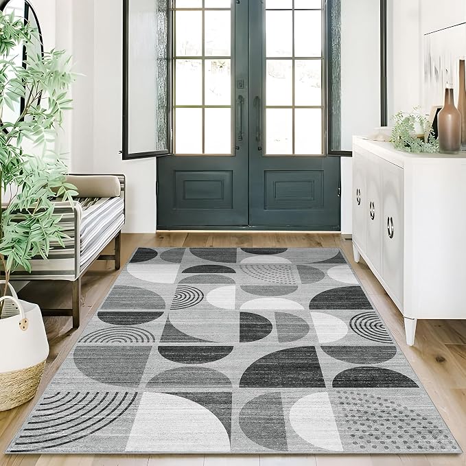 MUJOO 3x5 Rug Washable,Black and Grey Area Rugs for Bedroom Entryway Living Room Bedside,Small Boho Throw Floor Carpet Non Slip Soft Indoor Modern Abstract