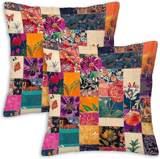Printed Faux Patchwork Throw Pillow Covers 18x18 Set of 2 | Rustic Kantha Cushion Cases with Hidden Zipper | Floral Decorative Pillowcases for Couch, Sofa, Living Room and Bedroom