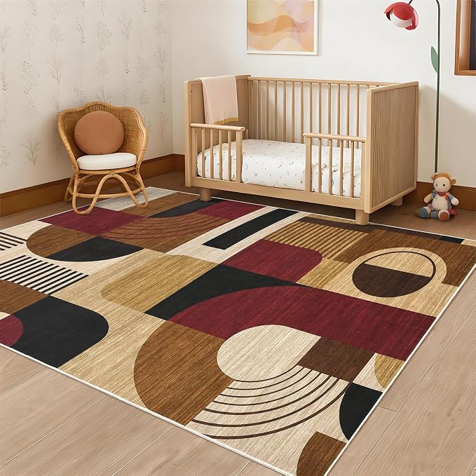 Area Rugs for Living Room, Boho Geometric Washable Rug for Bedroom Entryway Soft Low Pile Non-Slip Indoor Rugs for Dining Room Dorm Playroom, Burgundy/Brown Multi, 5'x7'