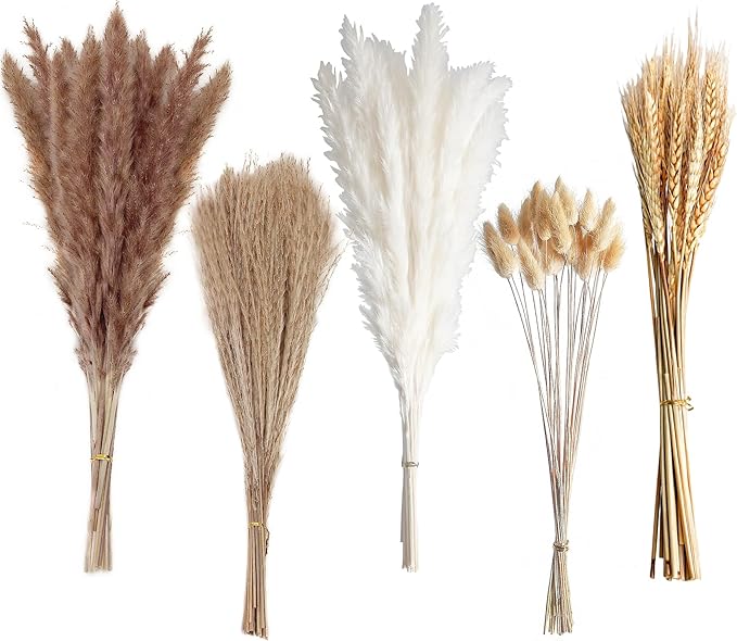 Dried Wheat Stalks and Pampas Grass Decor – 5 Types of Natural Dried Florals Including Wheat, Pampas Grass, Bunny Tails, and Dried Flowers – Fall Floral Arrangements for Vase, Farmhouse & Table Decor