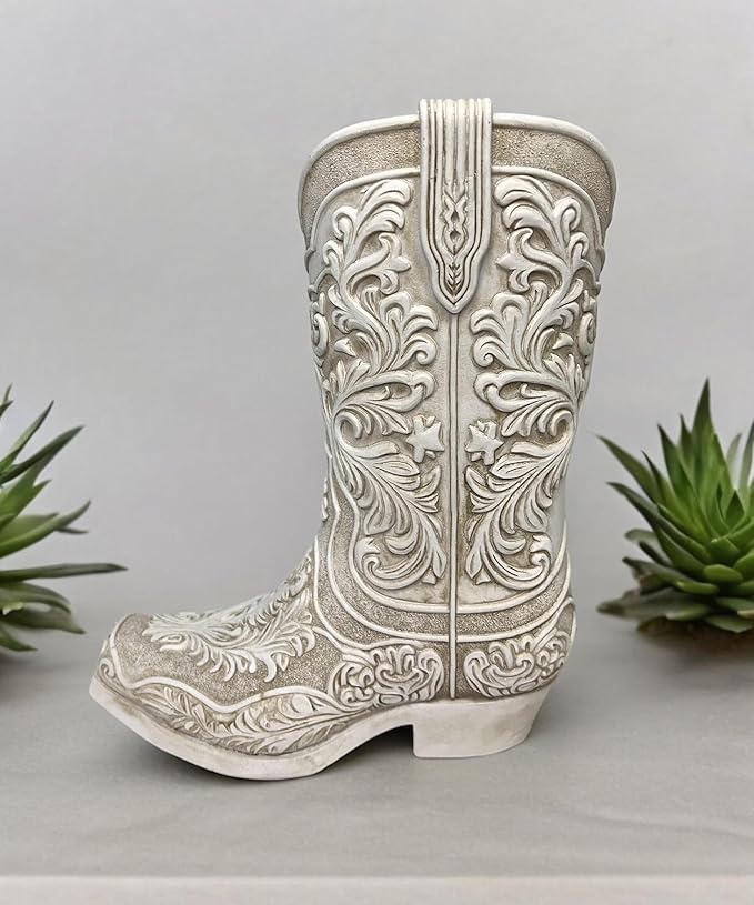 Cowgirl Boot Flower Vase – 9” Tall Antique White Finish with Intricate Tooled Leather Detailing - Decorative Western Cowboy Modern Rustic Decor
