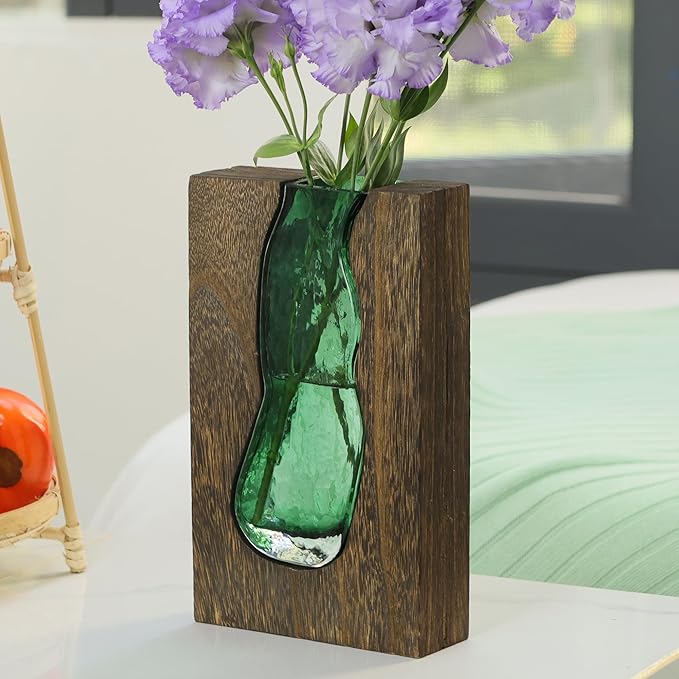 Wood and Glass Inlay Vases Farmhouse Wooden Glass Flower Vase Solid Wood Glass Vase Home Decor Vases for Centerpiece (9.45 Inches)