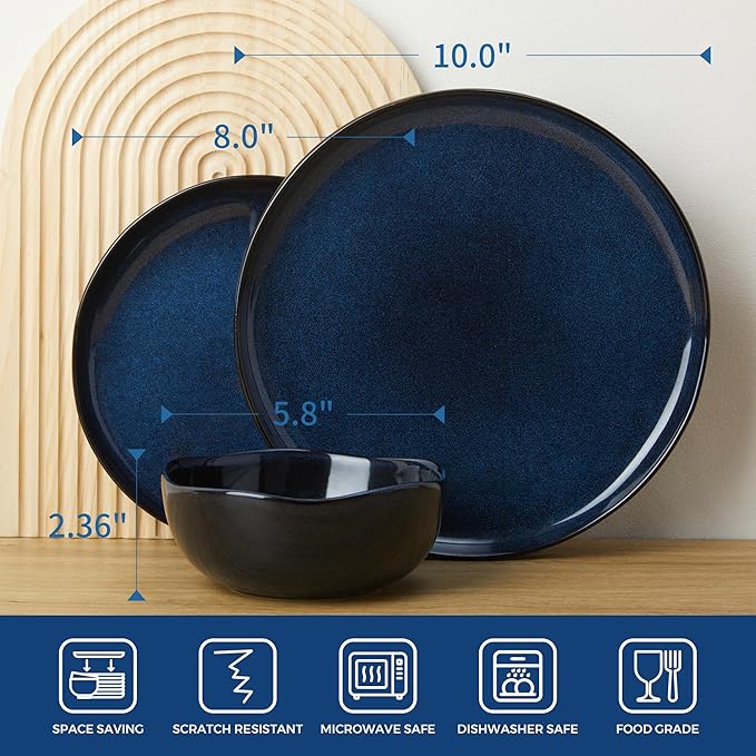 Pokini Ceramic Dinnerware Sets, Microwave Safe Plates and Bowls Sets, Kitchen Dishes Set for 4, Unbreakable & Dishwasher Safe Tableware, Everyday Use, Starry Blue