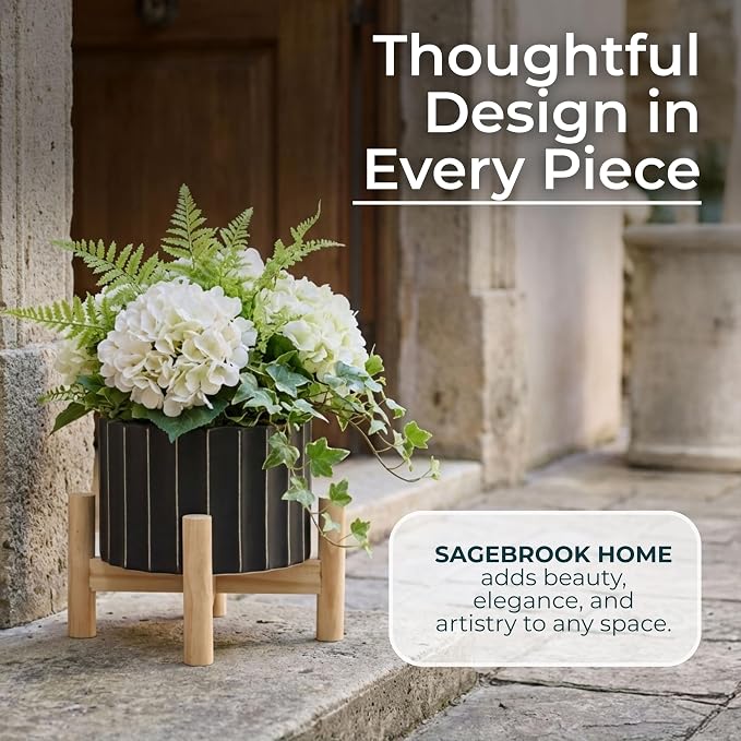 Ceramic Planter with Elevated Stand – Wood Indoor Plant Stand, Display for Greenery, Shelf or Patio Placement – Textured Modern Planter Pot for Elevated Display, Home Decor, Outdoor Decor – 6", Black