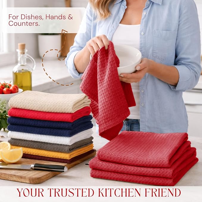 Red Waffle Kitchen Towels, 100% Cotton, Quick Dry, Super Absorbent, Soft, Lint-Free, 16x26 Inches, with Hanging Loop - Ideal for Dish Drying, Bar, Tea, Cleaning & Everyday Use, 4 Pack
