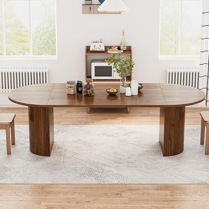 43-95 inch Long Round Extendable Dining Table for 4-10, Space Saving Oval Large Dinner Kitchen Table with 3 Leaf, 2 Storage, Fluted Mid Century Modern Dining Room Table for Living Room, Brown