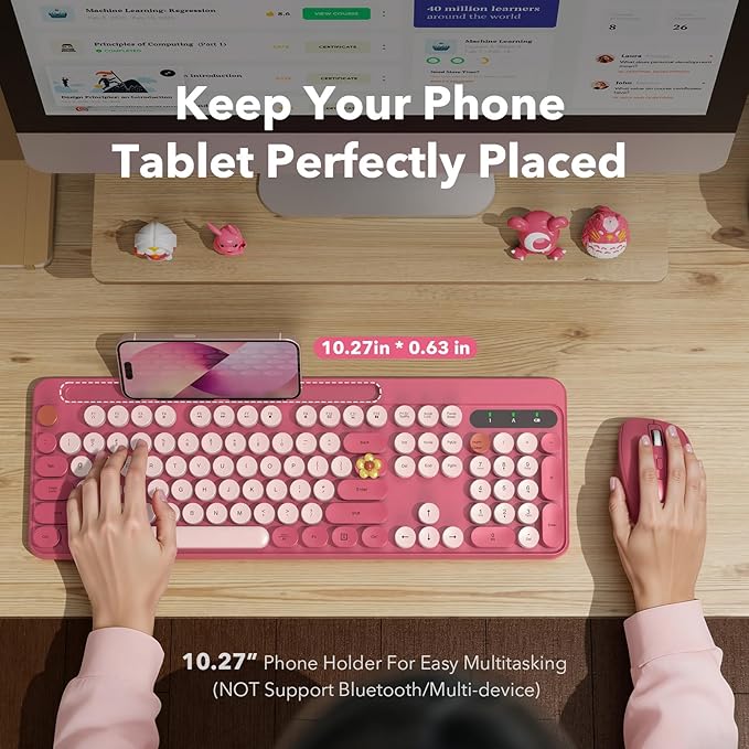 Wireless Keyboard and Mouse Combo, Retro Round Keycaps, Full-Size Cute Typewriter Keyboard with Large Phone/Tablet Holder, Auto-Sleep, 2.4GHz Cordless Connection for Windows/PC/Laptop