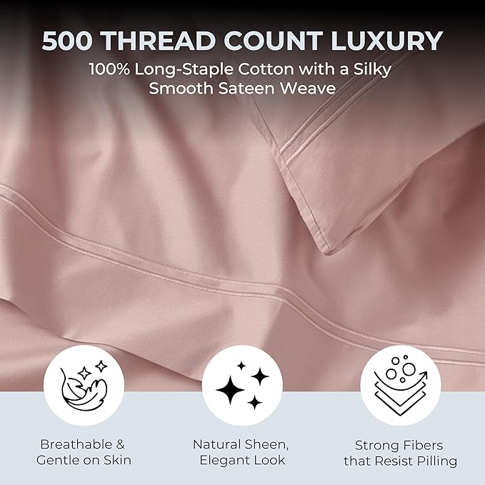 100% Natural Cotton Bed Sheets | 500 TC Single-Ply Sateen Weave Cal King Sheet Set | Breathable & Hypoallergenic Solid 4-Piece Bedding with Deep Pocket Fitted, Flat, Pillowcase | Blush