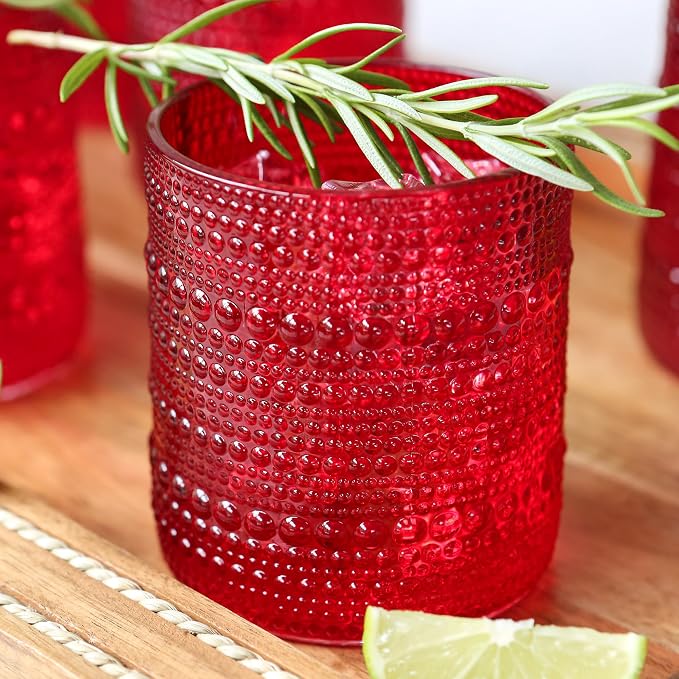 Kate Aspen Retro Arch Floral Red Drinking Glasses Set of 6, 10 oz Vintage Ribbed Glass Cups, Christmas Glassware & Holiday Drinkware, Valentine’s Day & Holiday Hostess Gift